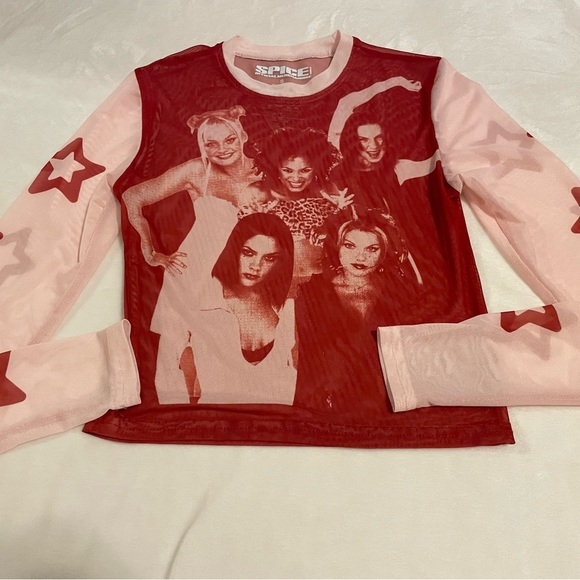 Spice Girls Y2K Graphic Long Sleeve Mesh Crop Top - Red and Pink - Picture 2 of 6